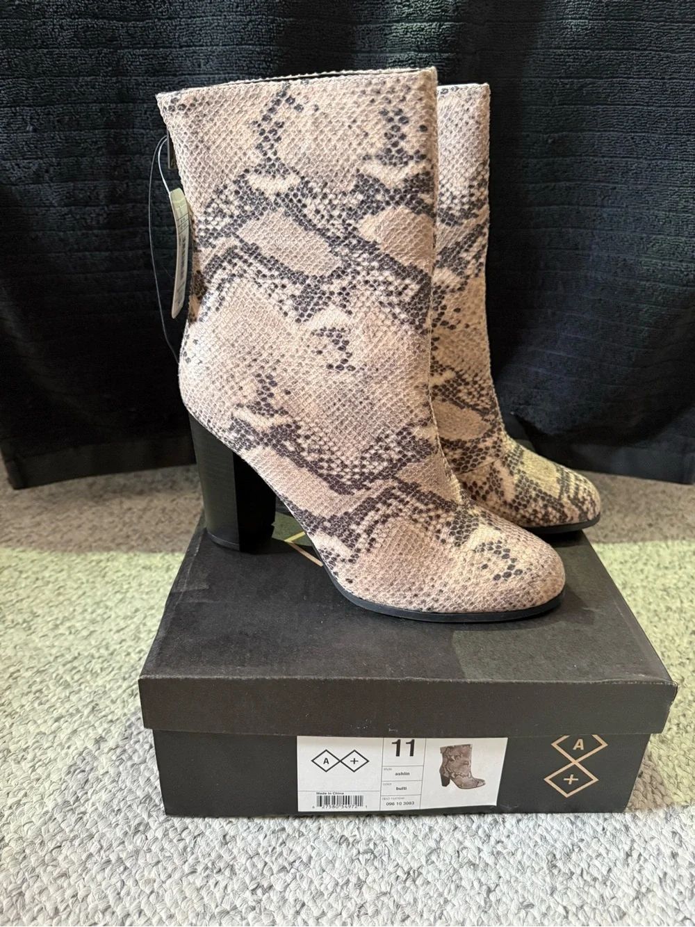 A + Snake-Print Heeled Ankle Boots in Taupe